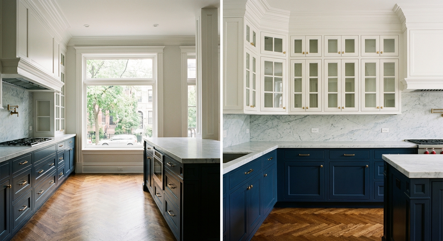 Completed custom kitchen cabinet installation in a Chicago greystone home with navy and white two-tone cabinetry financed through payment plan