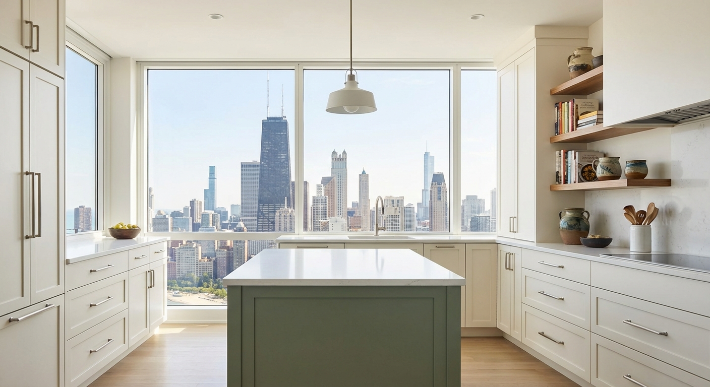Sage green kitchen island with white perimeter cabinets showcasing two-tone cabinet design in a Chicago condo