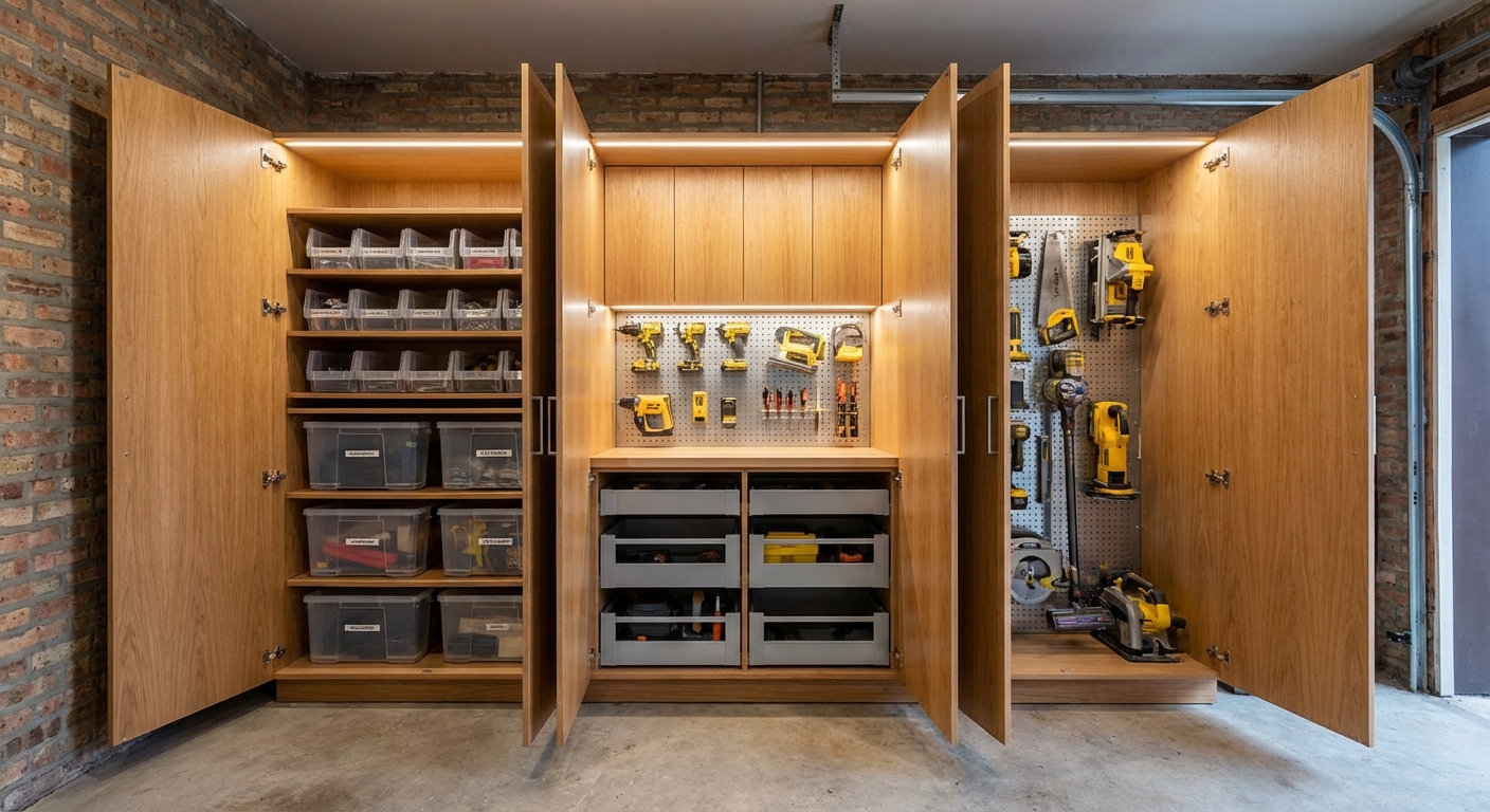 Pull-out garage cabinet drawers with Blum hardware showing organized tools and seasonal storage in Chicago garage