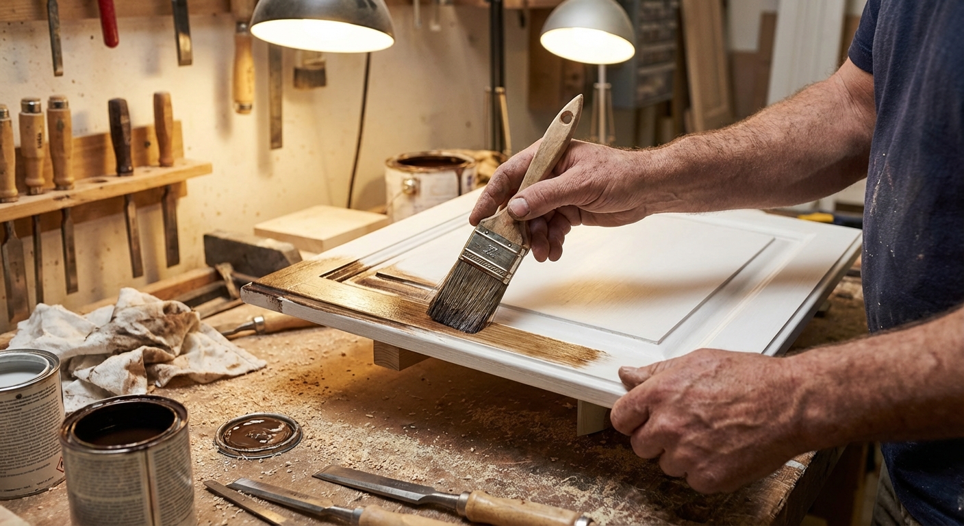 Craftsman hand-applying dark glaze finish to a raised-panel white kitchen cabinet door in a Chicago workshop