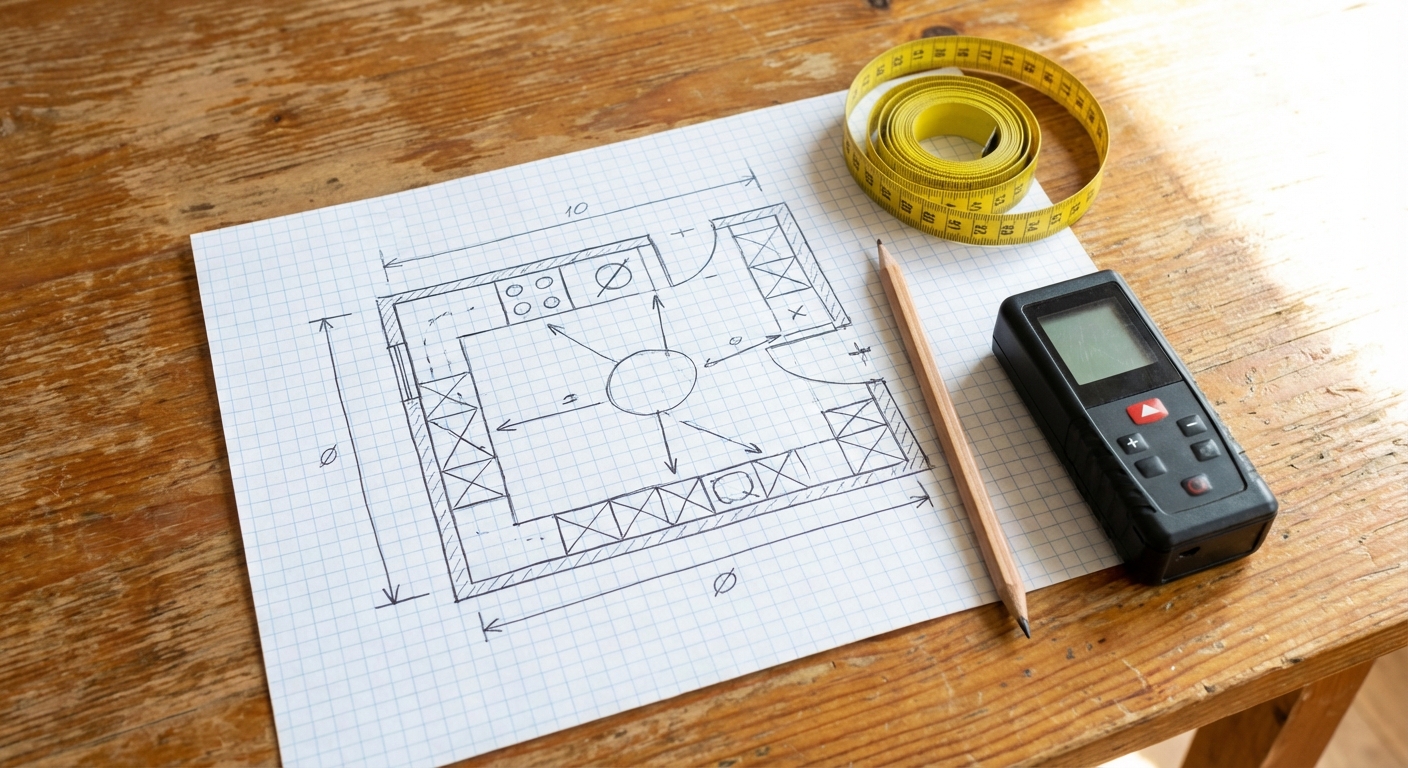 Kitchen floor plan sketch on graph paper with tape measure and laser measurer for cabinet measurement planning