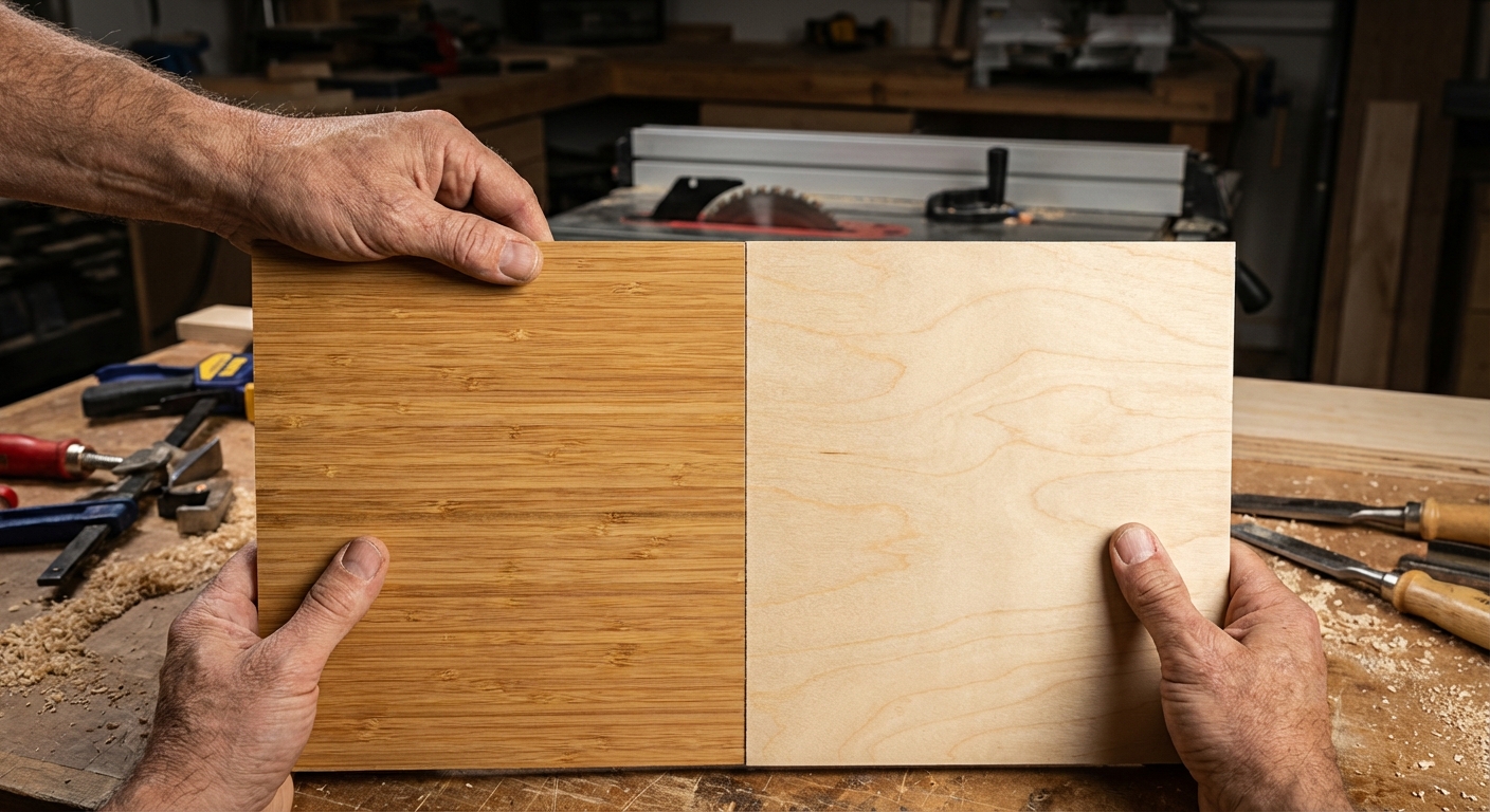 Close-up comparison of bamboo plywood and birch plywood panels showing grain differences for custom cabinet construction