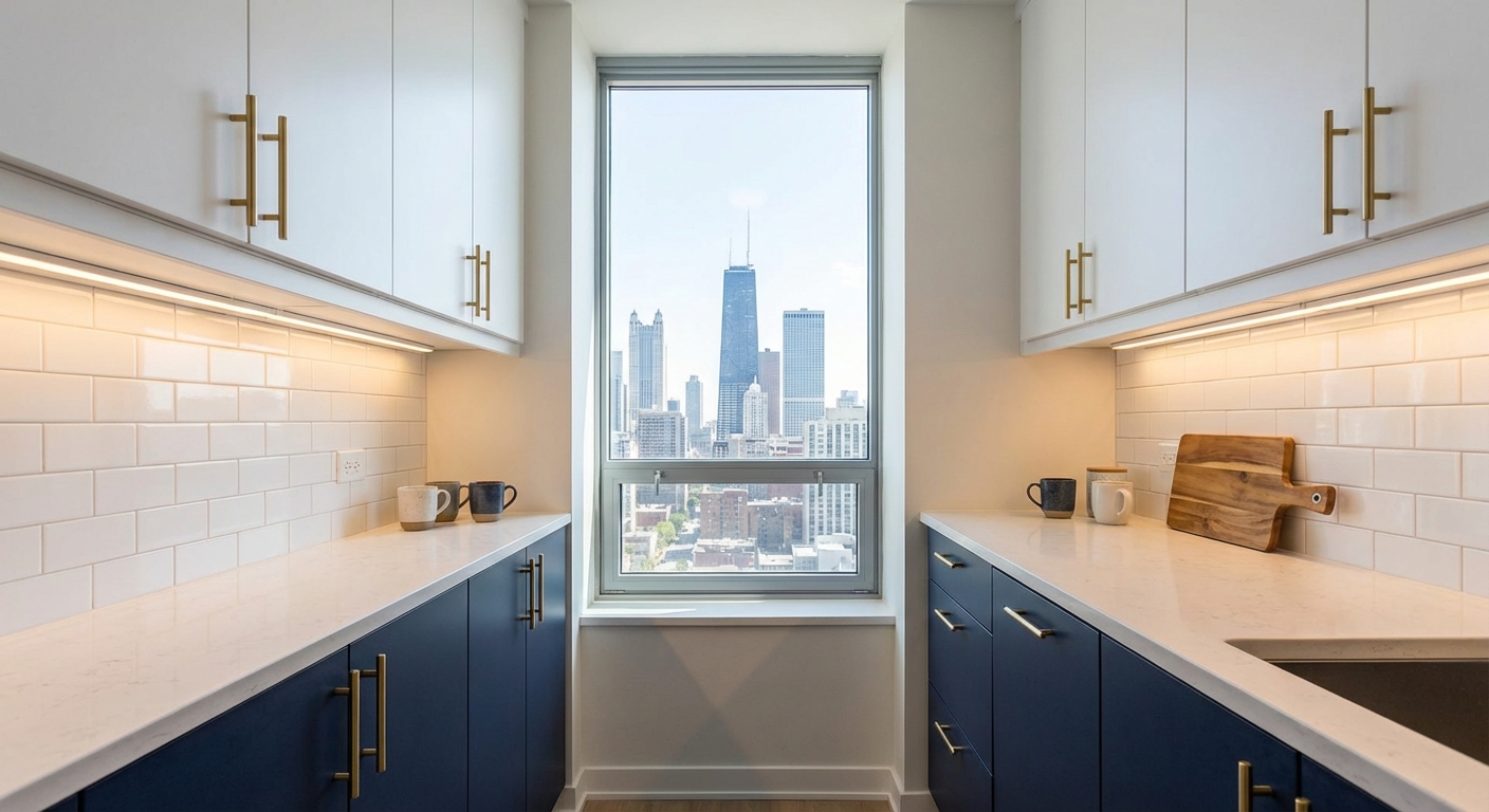 Navy blue lower cabinets paired with white uppers in a compact Chicago condo galley kitchen with city views
