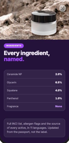 Kyudo product page showing every ingredient of a skincare cream, named with its percentage