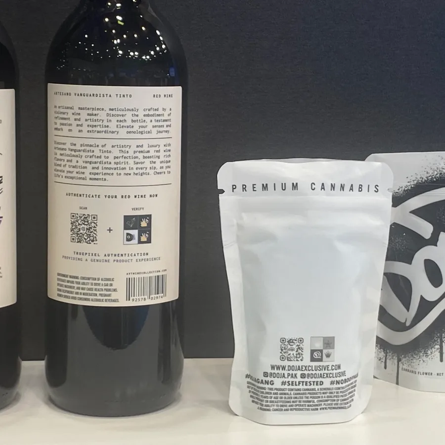 Wine bottle and cannabis pouch with TruePixel scan and verify codes
