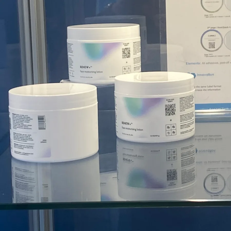 Renew+ lotion jars with scan and verify codes