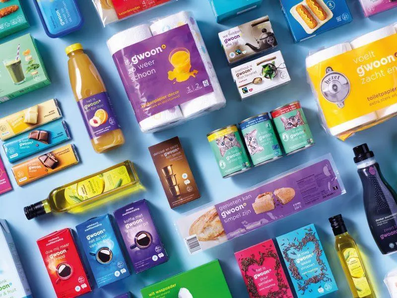 A retailer's own-brand range of packaged groceries and household products