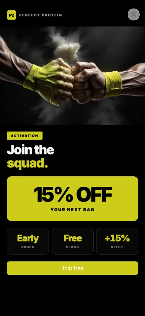 P2 Perfect Protein club page on a phone with 15 percent off the next bag