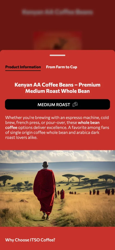 itso Coffee product information page on a phone, opened from the pack