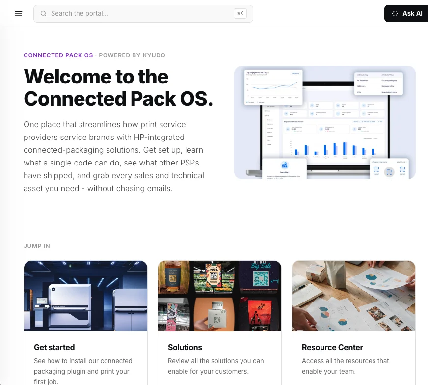 The Kyudo Partner Portal home page, the Connected Pack OS