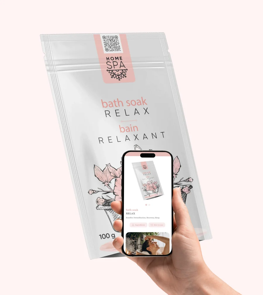 A Home Spa bath soak pouch with its Kyudo product page open on a phone