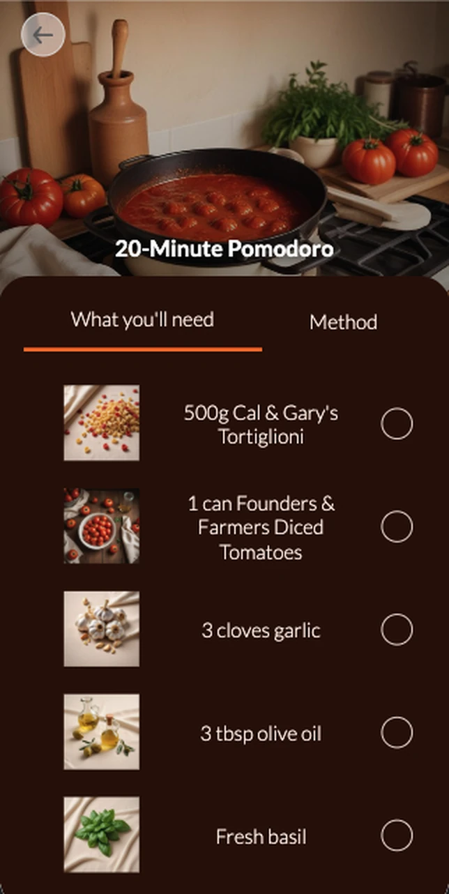 Kyudo recipe page for a 20-minute pomodoro, with the ingredients from the pack to tick off