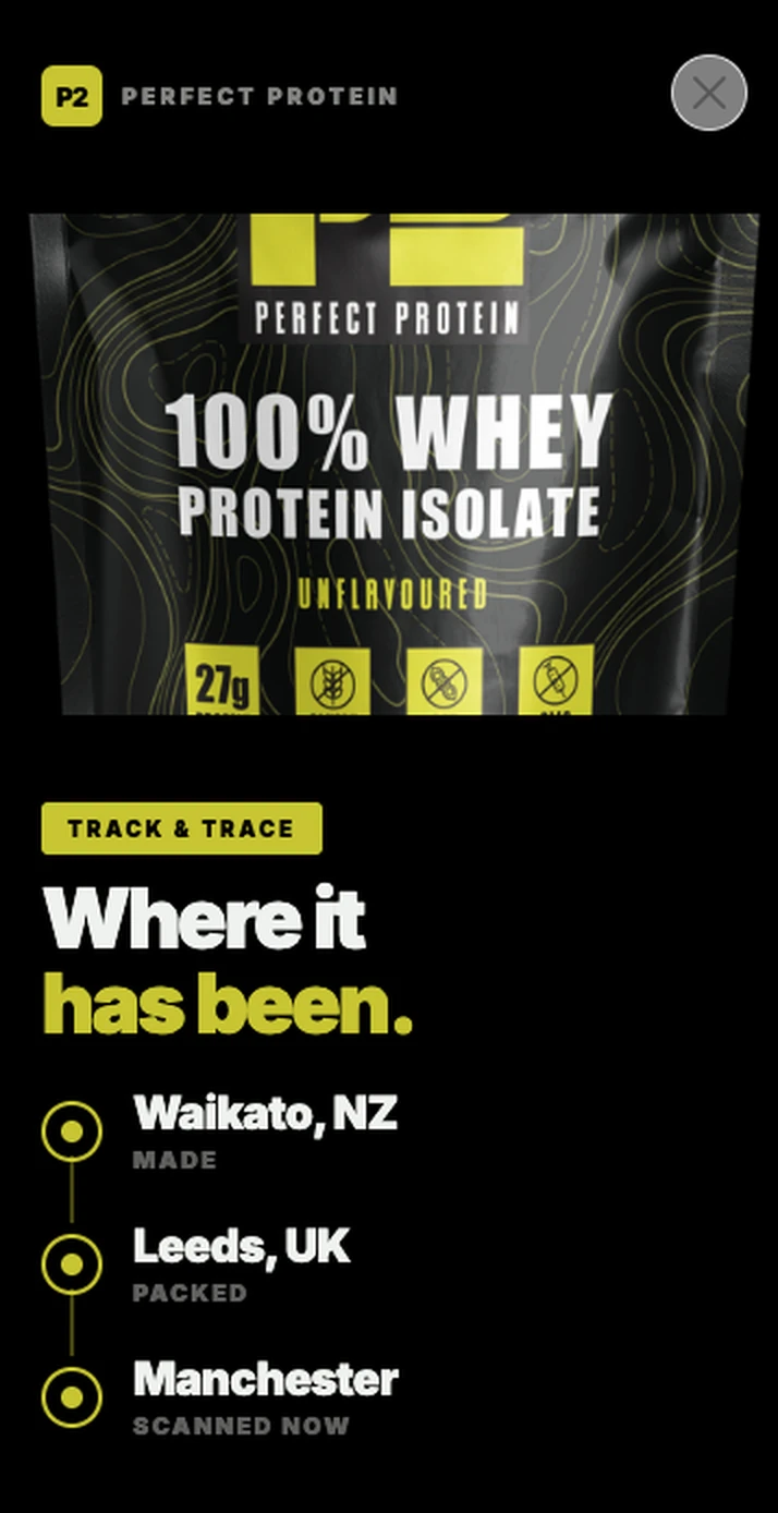 Kyudo track and trace screen for a Perfect Protein pouch, showing where it was made, packed and scanned