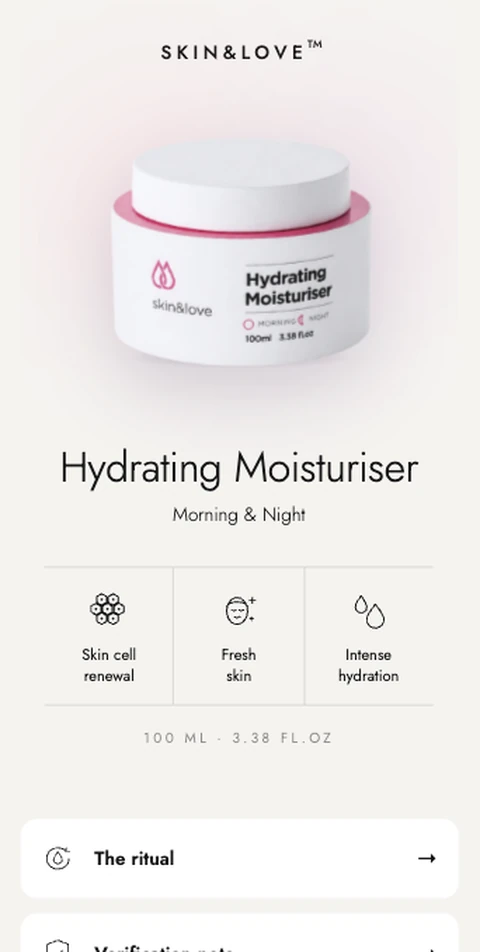 Skin&Love Hydrating Moisturiser page on a phone with the ritual and a verification note