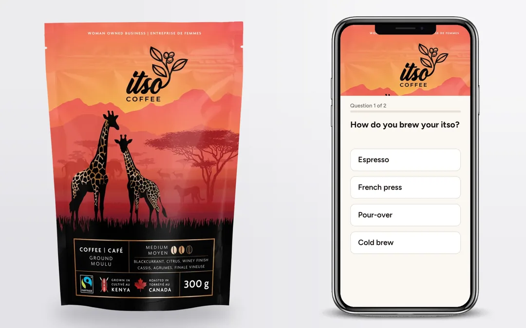 An on-pack survey for itso Coffee on a phone, with each answer building a first-party customer profile