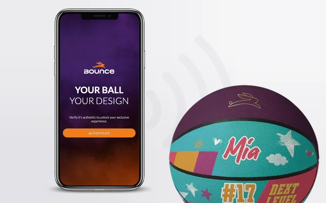 Kyudo NFC authentication of a personalised Bounce basketball, from tap to verified Motion Passport