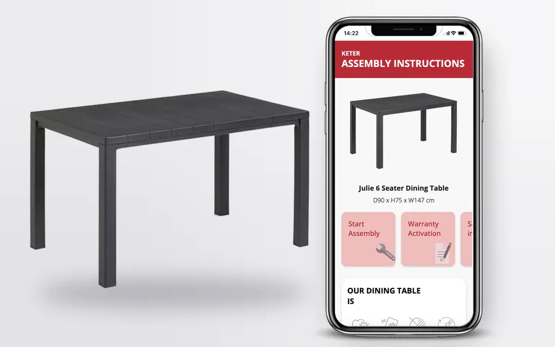 Keter Julie table with its on-pack assembly guide on a phone: parts list, step by step in English and Hebrew, and warranty registration