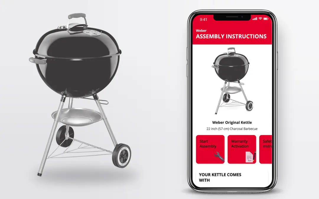 Weber Original Kettle with its on-pack assembly app on a phone: parts list, step by step in English and Chinese, and warranty activation