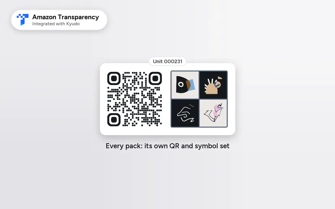 TruePixel: every pack printed with its own QR and symbol pattern, verified on a phone, with Amazon Transparency integrated with Kyudo