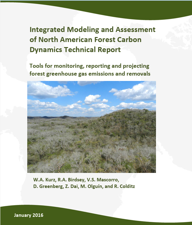 Cover of a technical report on North American forest carbon with a forest photo and author names.