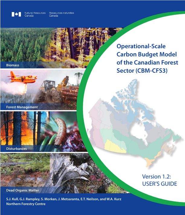 Cover for Canadian forest carbon budget model guide with forest photos and map of Canada.
