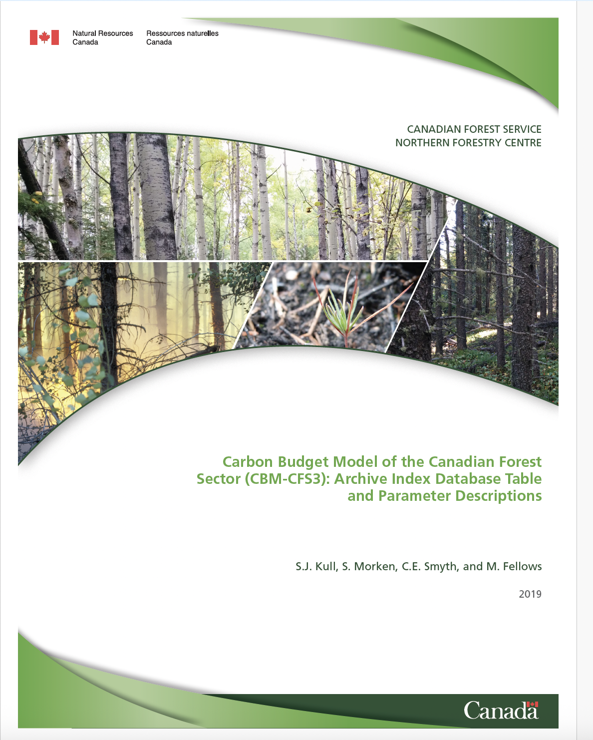 Cover page titled Carbon Budget Model of Canadian Forest Sector with forest images and Canada logos.