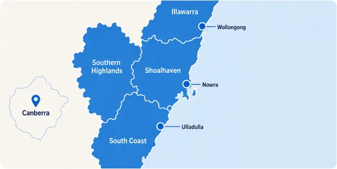 Map showing regions of southeastern Australia including Illawarra with Wollongong, Shoalhaven with Nowra, Southern Highlands, and South Coast with Ulladulla, alongside a marker for Canberra west of these regions.