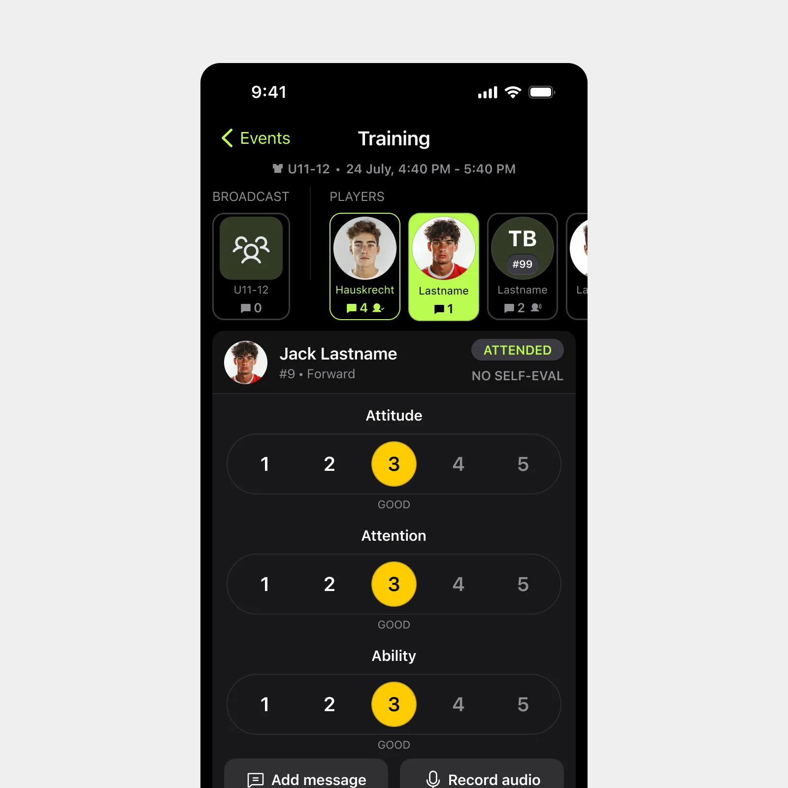 Mobile app screen showing training event details with player ratings for attitude, attention, and ability all rated 3 out of 5 for Jack Lastname, a forward.