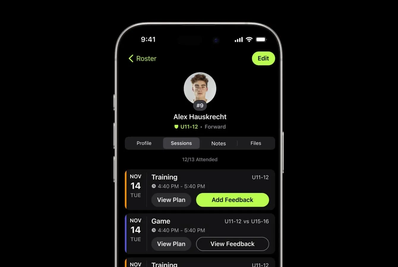Mobile app screen showing soccer player Alex Hauskrecht's profile with session tabs and options to view plan or add/view feedback for training and game on November 14.
