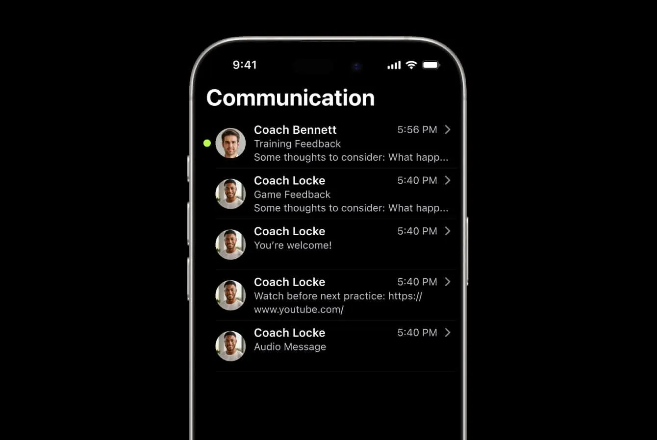 Smartphone screen showing a Communication app with messages from Coach Bennett and Coach Locke, including training feedback, game feedback, and links.