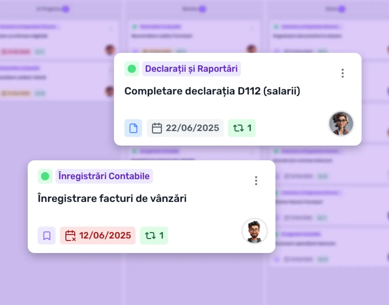 Card de sarcină în aplicația SyntaxFlow, cu titlu, termene, etichete de status și opțiuni de colaborare în echipă.