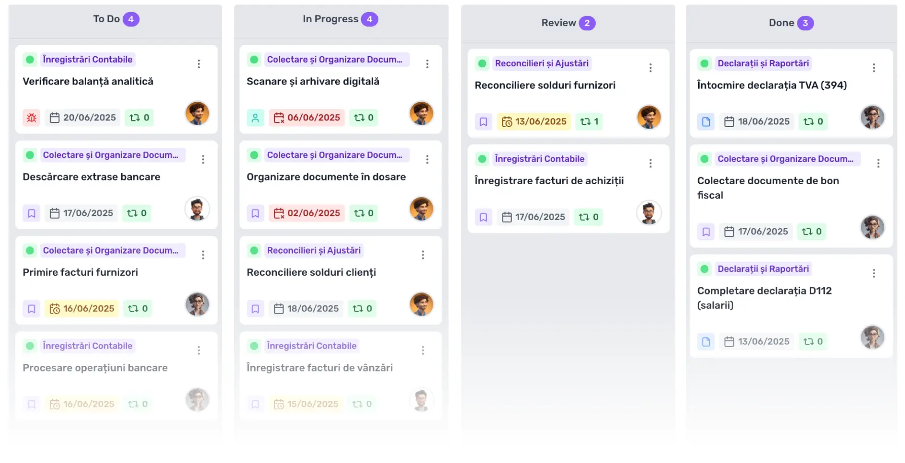 Tablă Kanban pentru gestionarea sarcinilor în aplicația SyntaxFlow, cu coloane și carduri care reflectă statusul taskurilor contabile