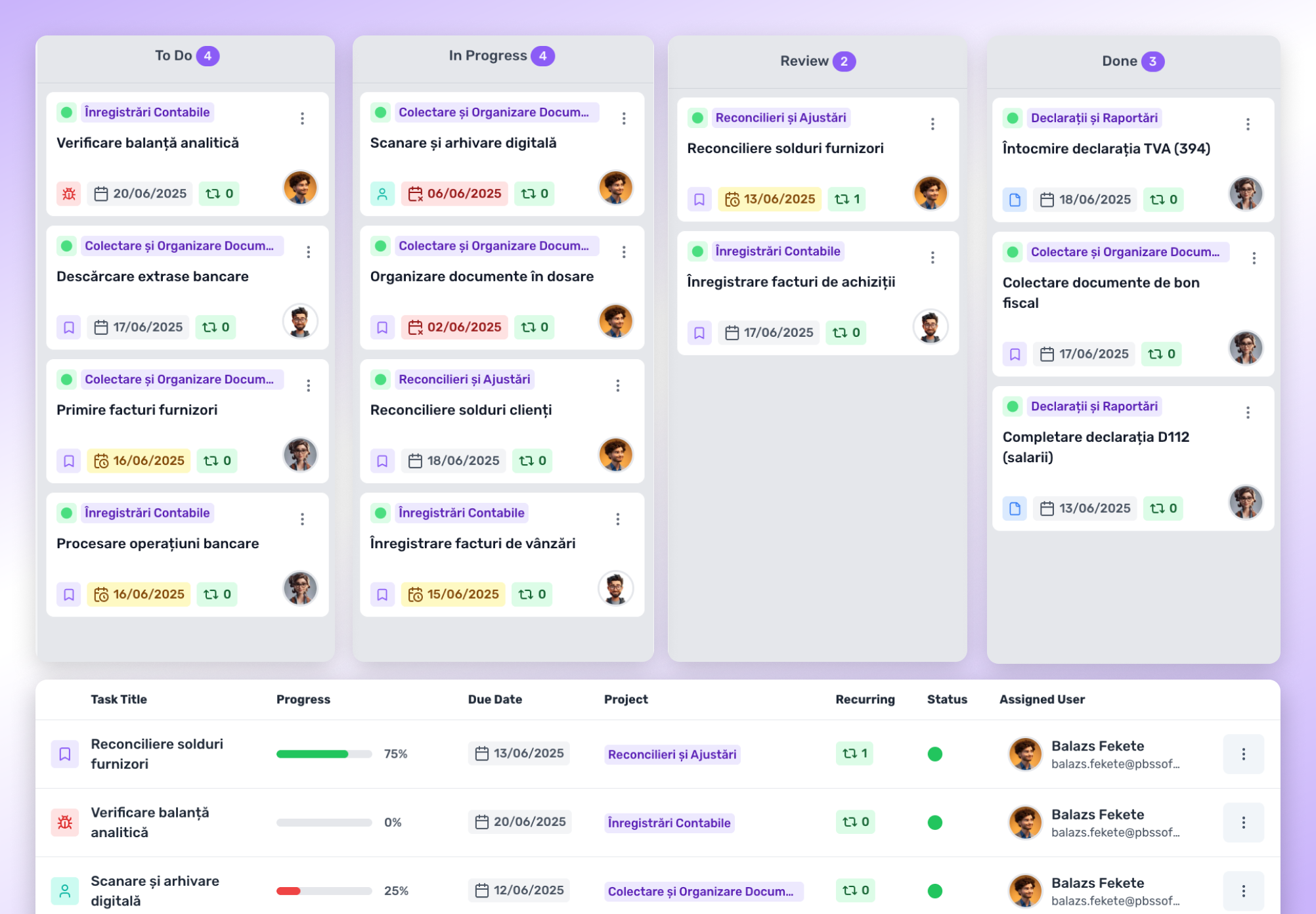 Vizualizare cu fișiere contabile organizate pe foldere în aplicația SyntaxFlow, cu opțiuni de încărcare, mutare și gestionare documente.