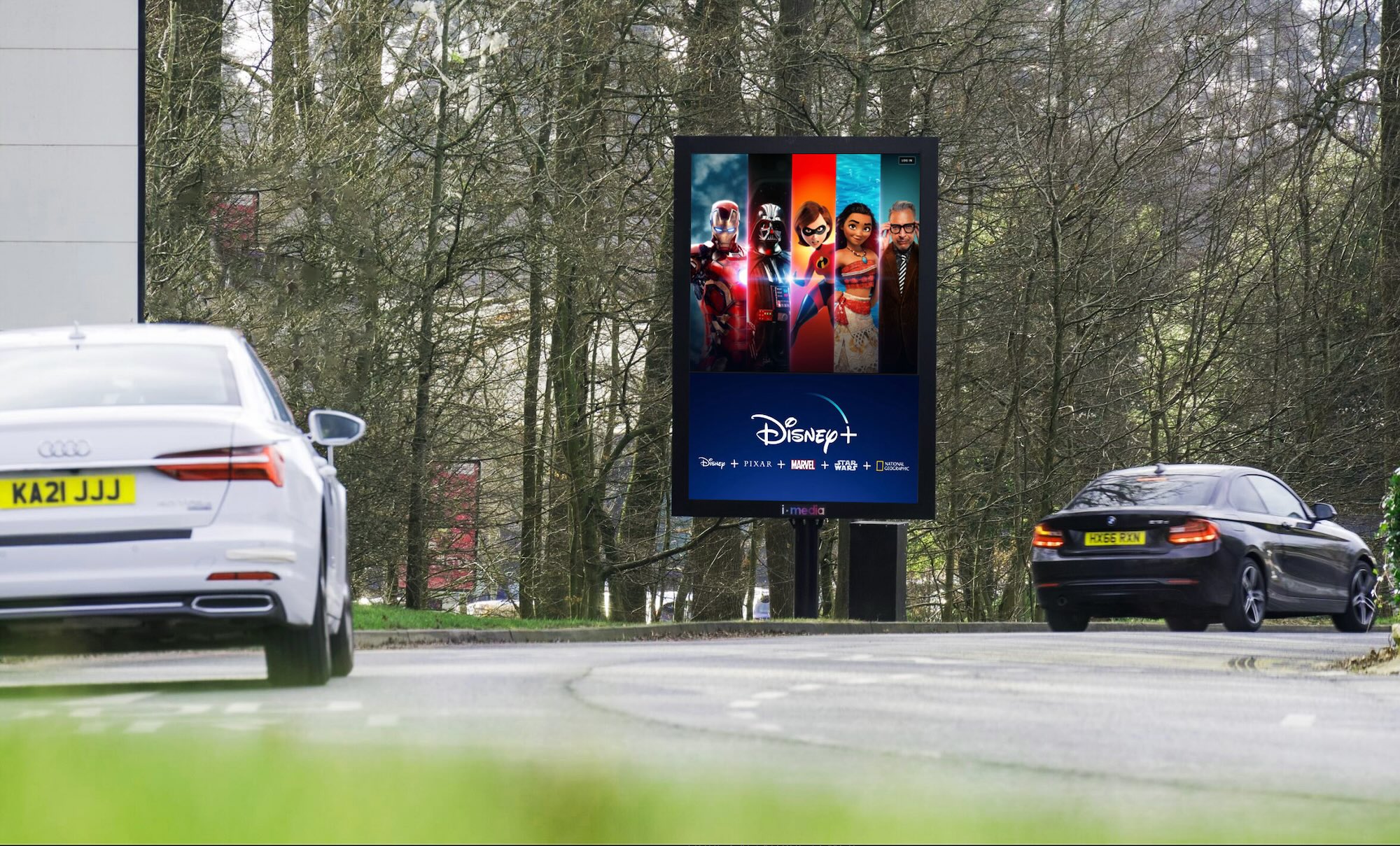 A static screen at a motorway services showing an advertisement for Disney+