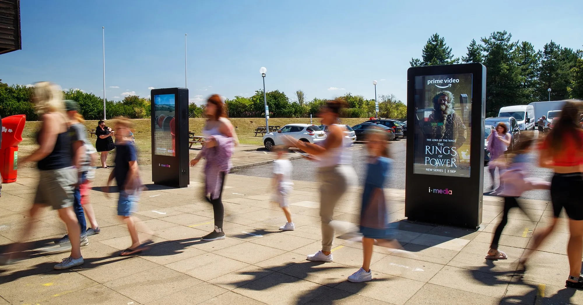 An Amazon Prime Video advertisement displayed on a D6 digital screen at a motorway services.