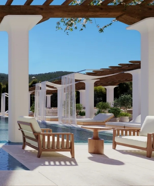 Espaces extérieurs d’un resort protégés par une solution Biobelt de démoustication écologique et discrète.