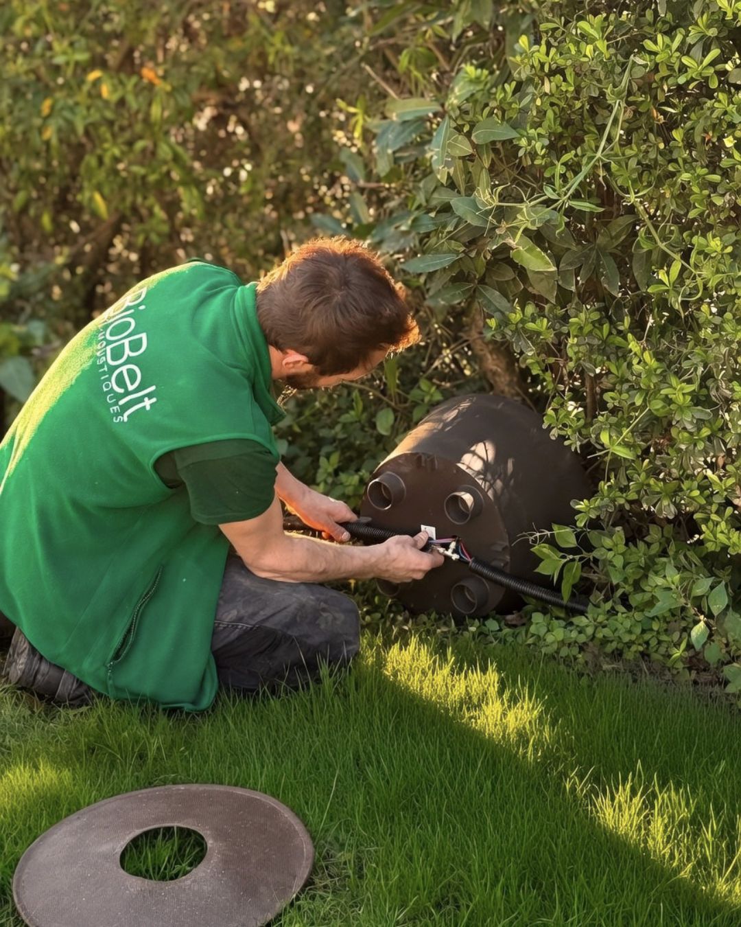Piège à moustique extérieur Biobelt installé sur un terrain pour une lutte écologique contre les moustiques tigres.