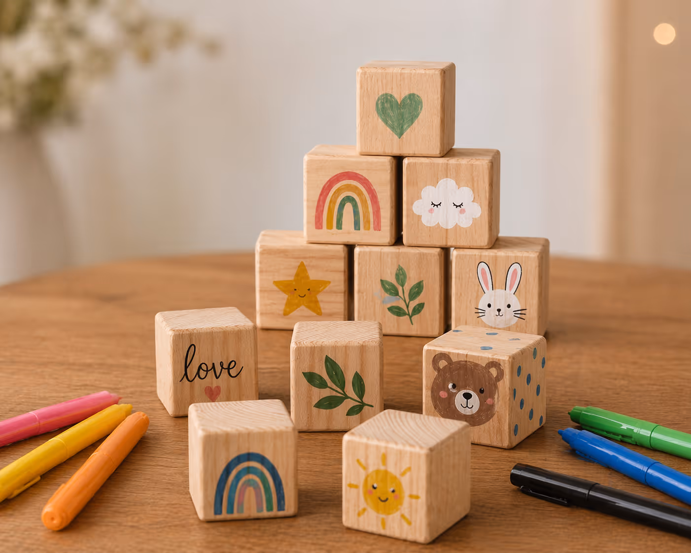 Holzwürfel mit bunten Motiven wie Herz, Regenbogen, Sonne, Bär und Schriftzug Liebe auf Tisch.