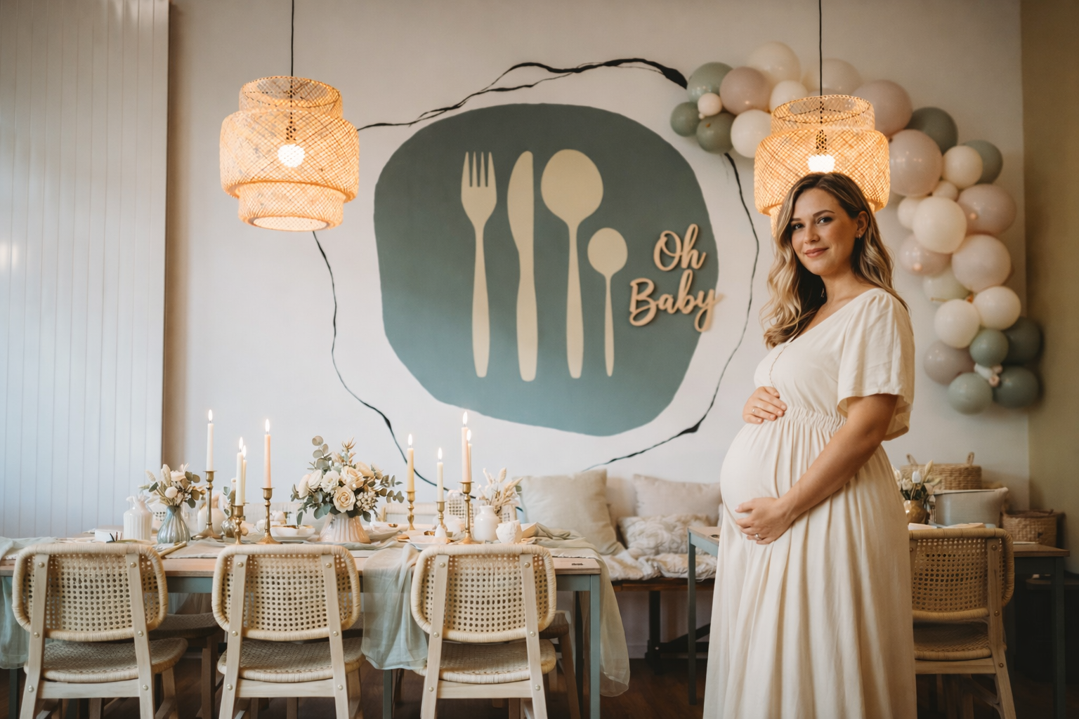 Schwangere Frau in cremefarbenem Kleid neben dekoriertem Tisch bei Baby-Party mit Luftballons.