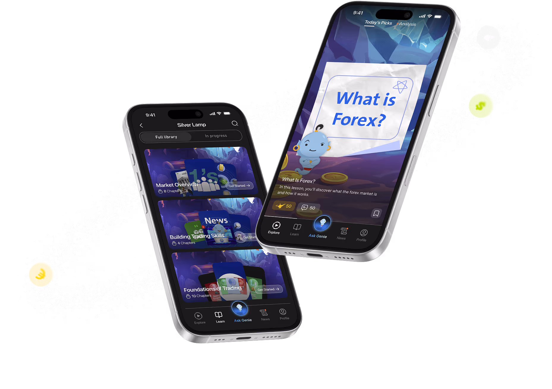 Two cell phones with what is forex on them.
