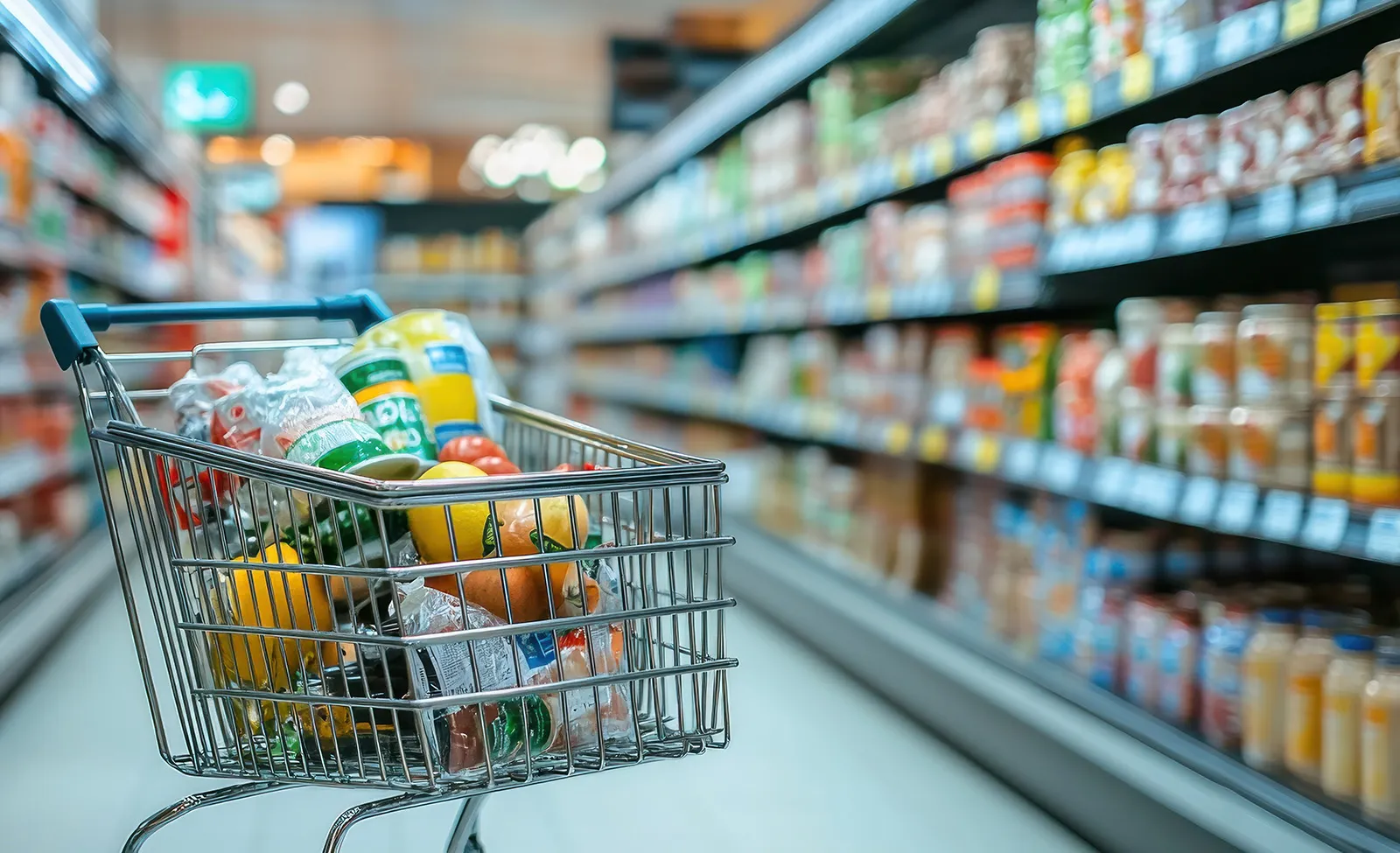Shopping in a trolley in a supermarket.