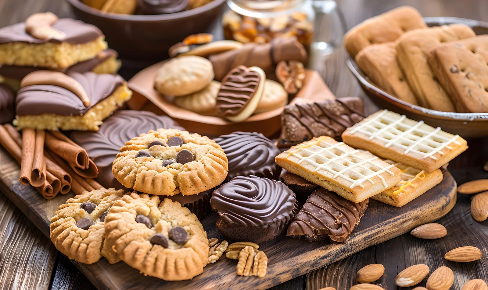 Assortment of biscuits on wooden board.