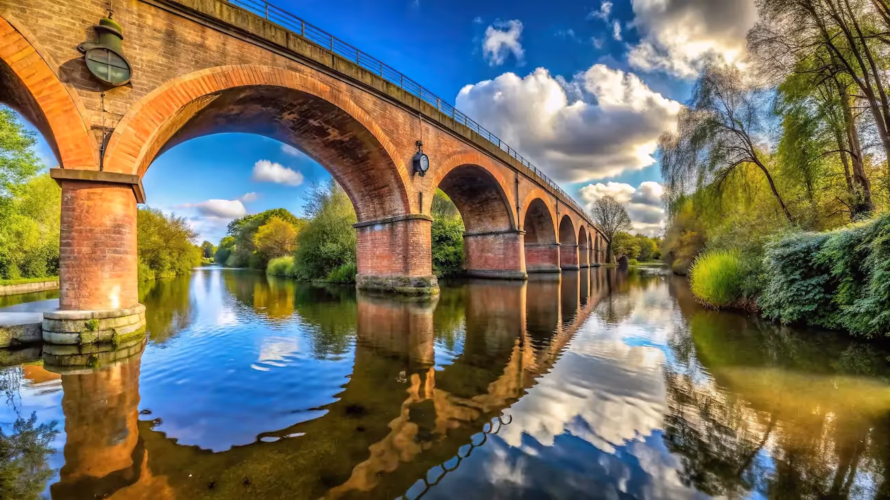 A railway bridge with arches going over a river in Watford.