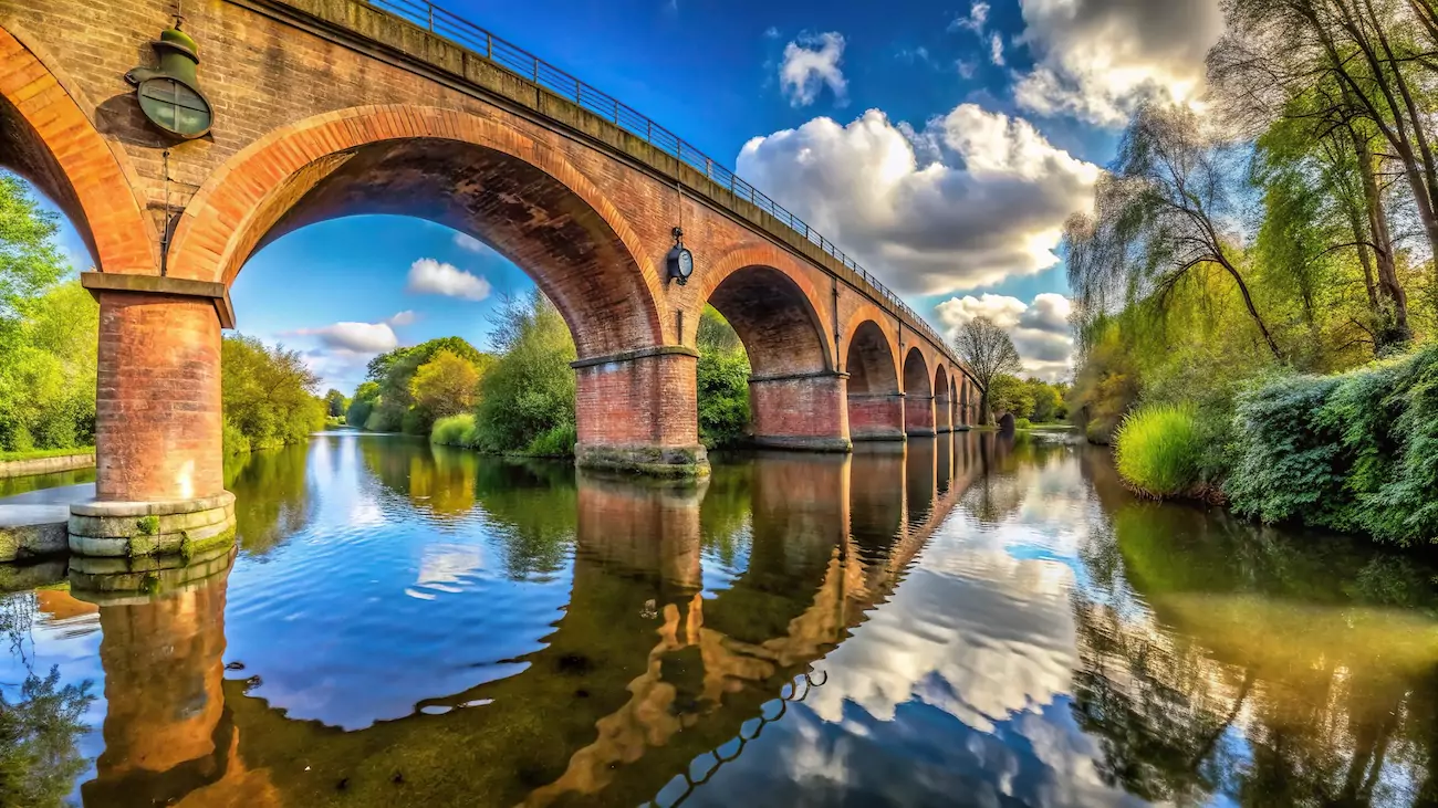 A railway bridge with arches going over a river in Watford.