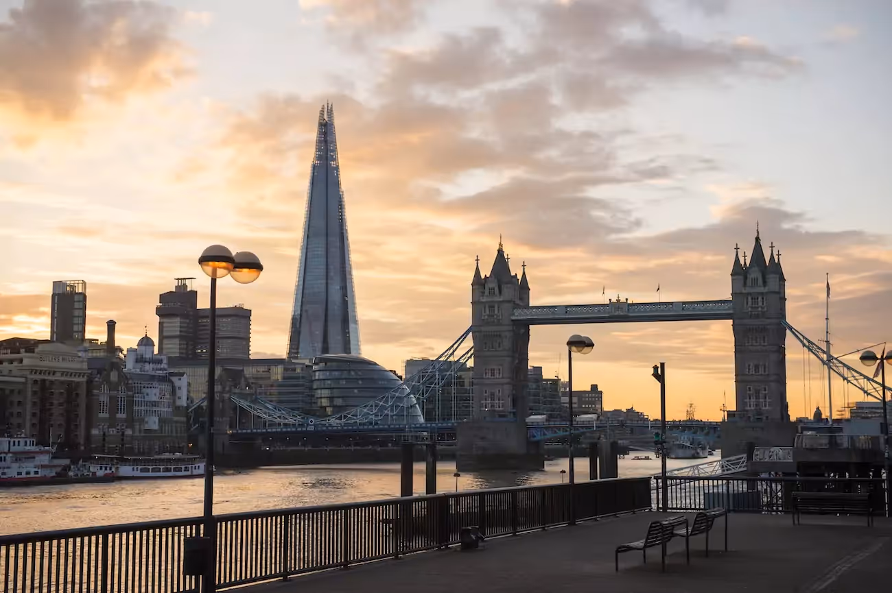 A view of tower bridge in London with the Shard in the background. 