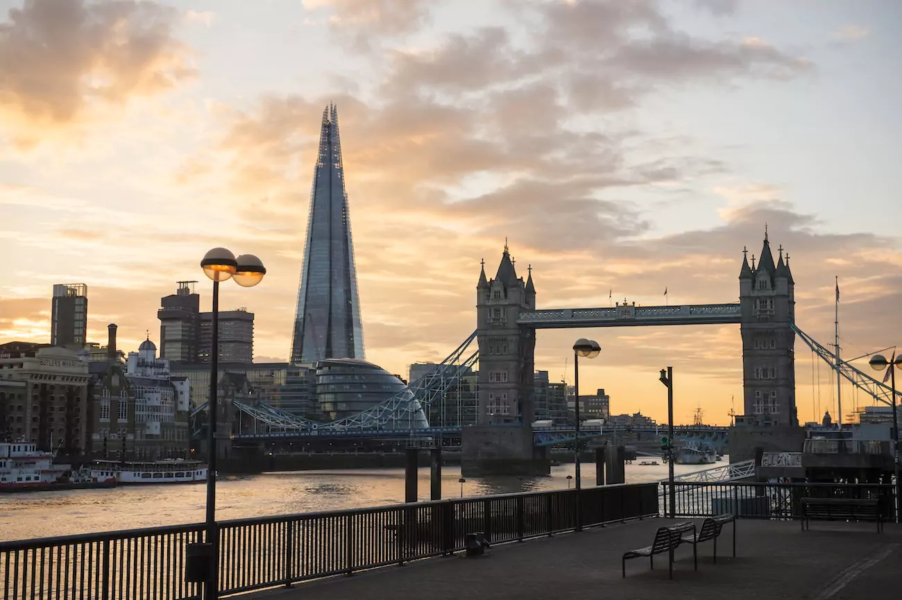 A view of tower bridge in London with the Shard in the background. 