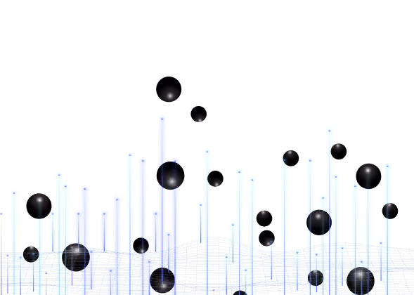 Blue vertical bars of varying heights with floating black spheres on a reflective surface.