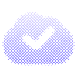Blue cloud icon with a check mark in the center on a black background.