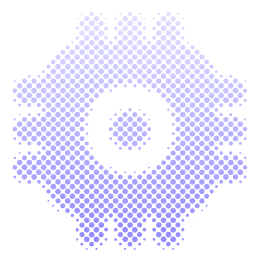 Blue gear icon with pixelated and dotted effects around the edges on a transparent background.