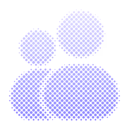 Abstract purple icon depicting three people in front of a globe symbolizing global engagement.